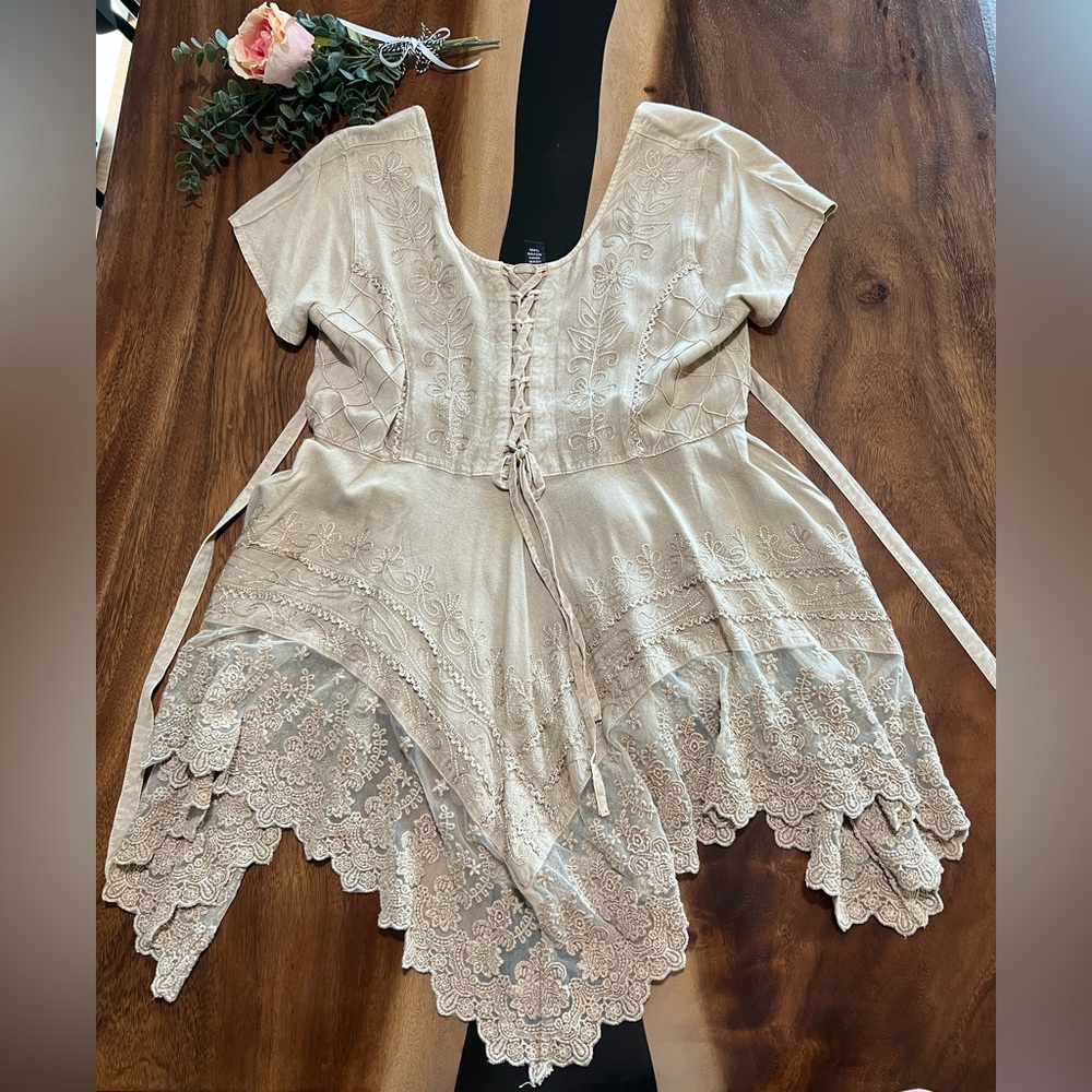 Gorgeous Sacred Threads 100% Rayon Cream Lace-Up Boho Tunic Blouse